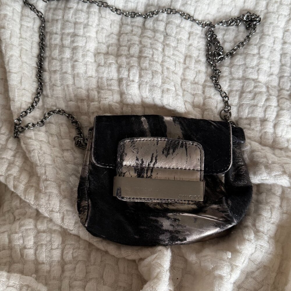 Jimmy Choo Metallic Silver and Black Shaved Pony Mini Crossbody Bag